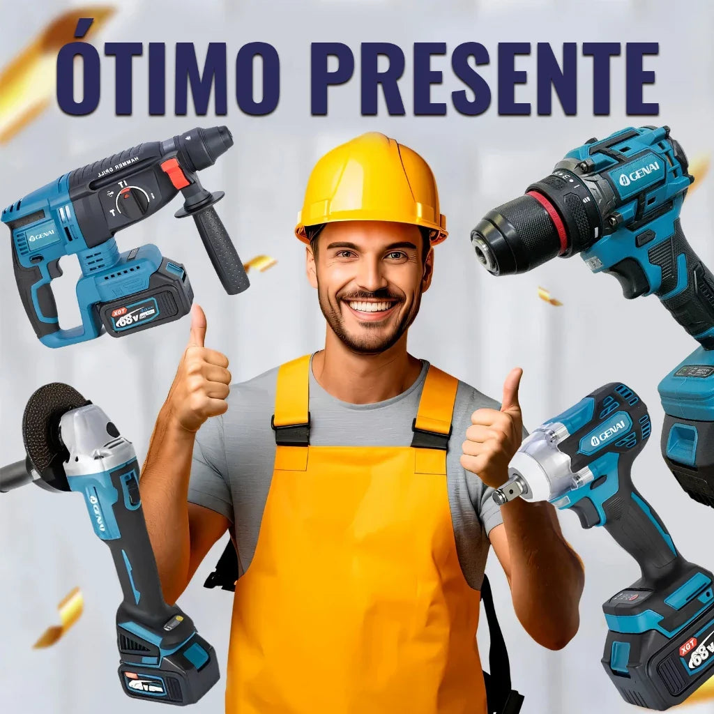 Kit de ferramentas 4 em 1 Furadeira, Chave de fenda/Chave de impacto/Amolador/Martelo 2 baterias de 68 V Caixa