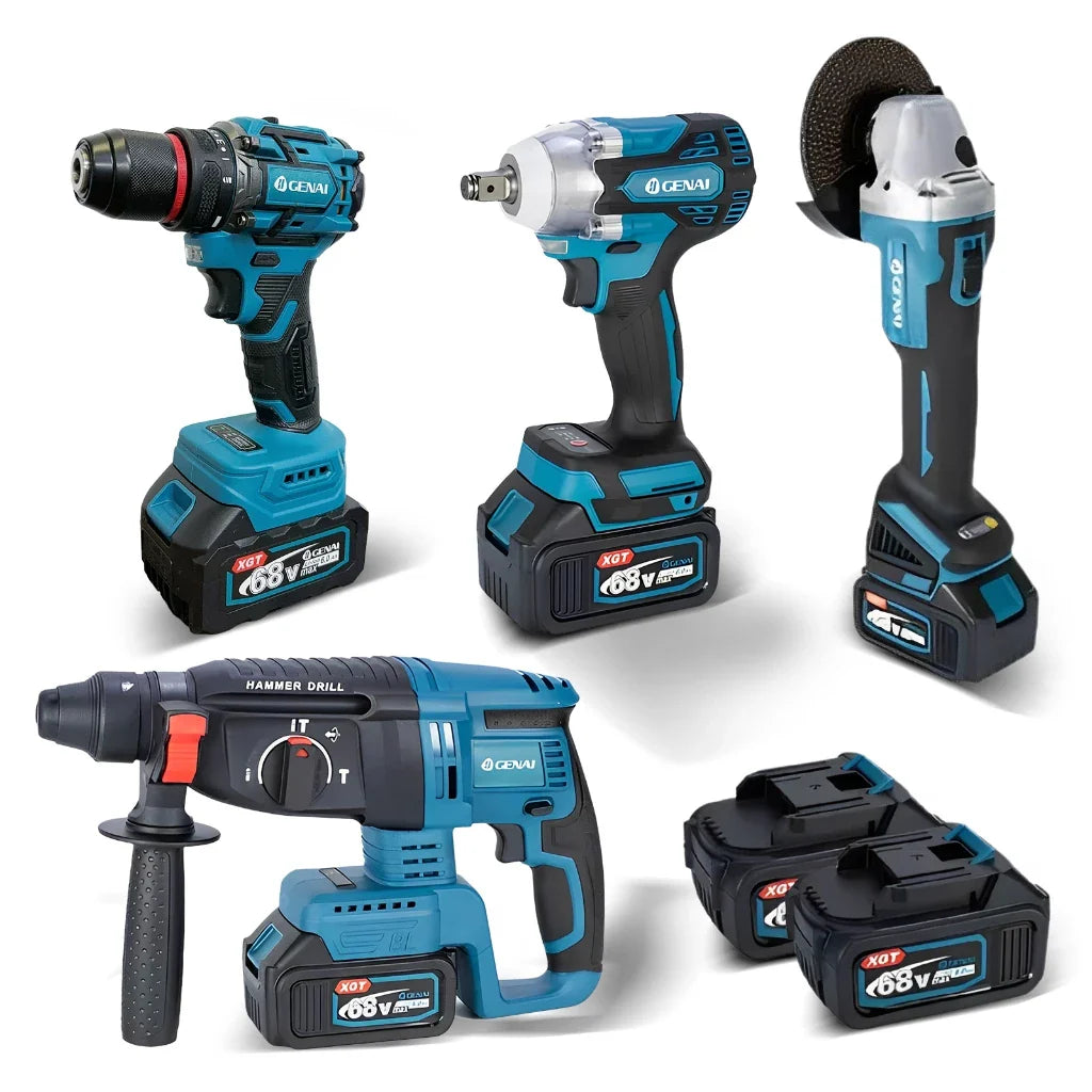 Kit de ferramentas 4 em 1 Furadeira, Chave de fenda/Chave de impacto/Amolador/Martelo 2 baterias de 68 V Caixa