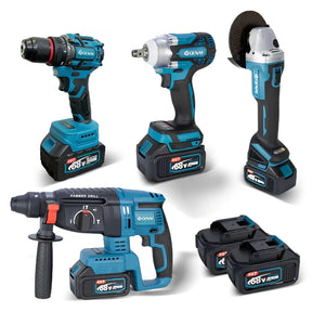 Kit de ferramentas 4 em 1 Furadeira, Chave de fenda/Chave de impacto/Amolador/Martelo 2 baterias de 68 V Caixa