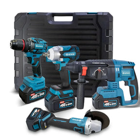 Kit de ferramentas 4 em 1 Furadeira, Chave de fenda/Chave de impacto/Amolador/Martelo 2 baterias de 68 V Caixa